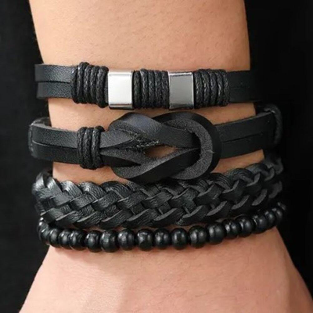 Men's 4pc Black PU Leather Hand Made Braided Bracelet